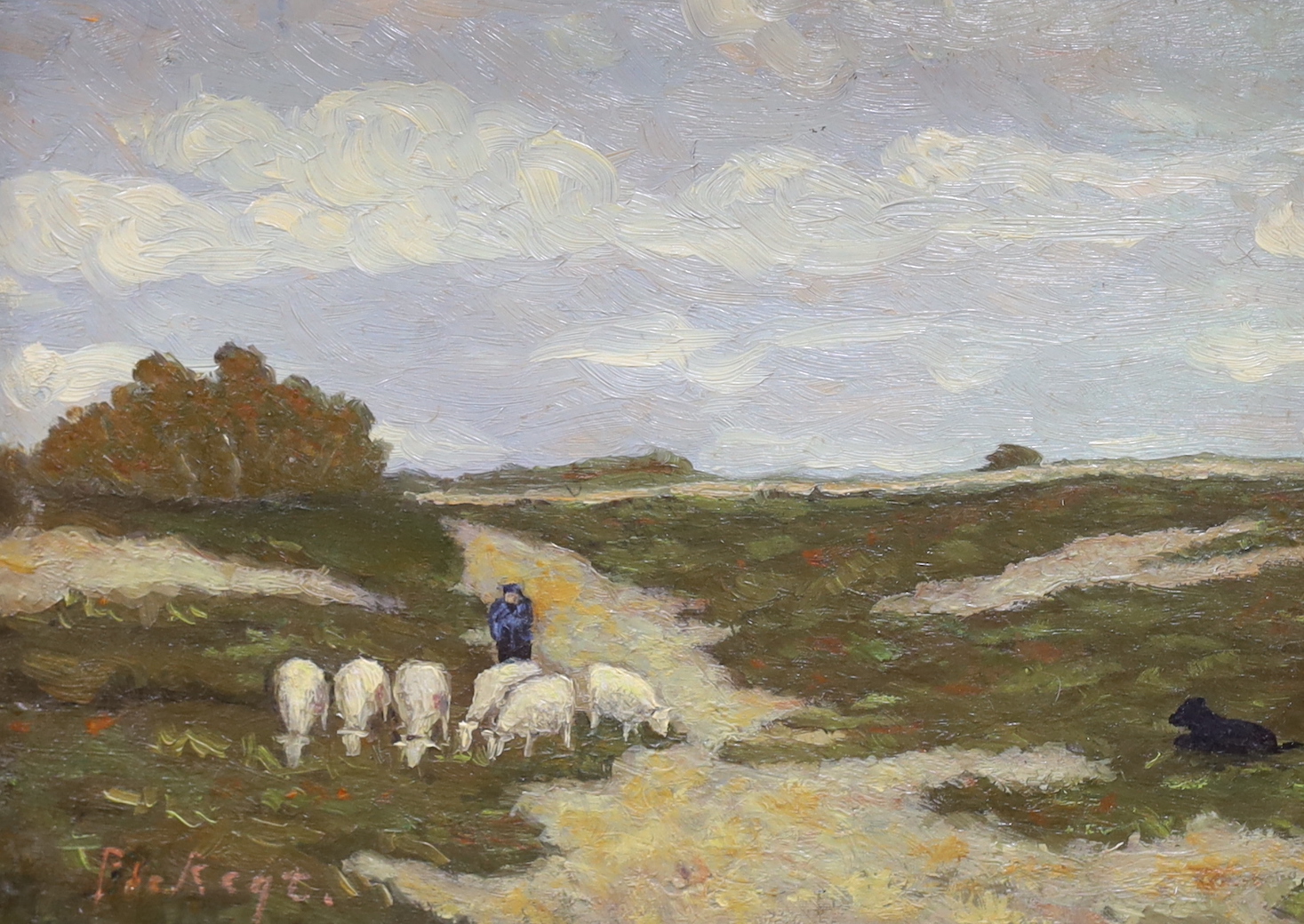 Pieter De Regt (Dutch, 1877-1960), Impressionist oil on board, Shepherd and flock of sheep, signed, 16 x 23cm, ornate gilt framed